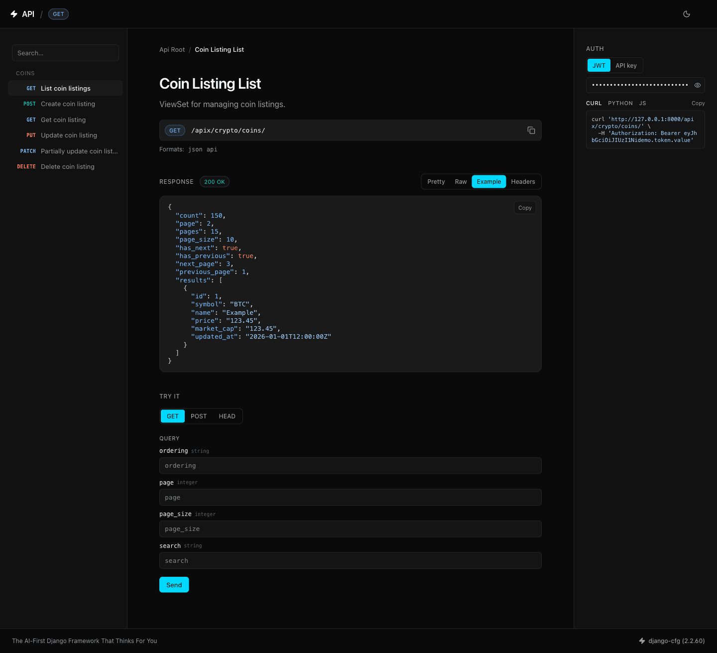 DRF Theme in dark mode with the Example tab active — a synthetic paginated response generated from the OpenAPI schema, including realistic field values, even with an empty database