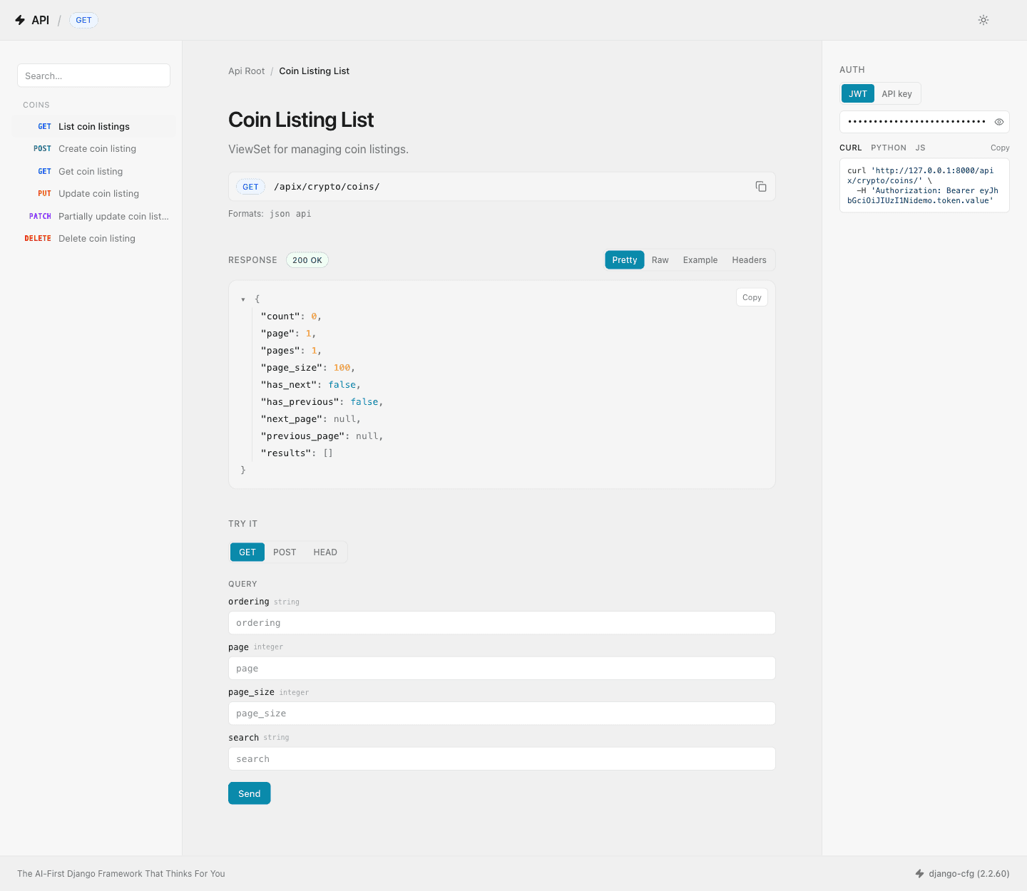 DRF Theme — schema-aware Browsable API in light mode: endpoint navigation, live response, typed request console, and an auth panel with code snippets